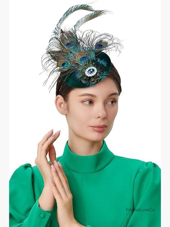 Peacock Feather Pillbox Hat with Rhinestones, Floral Fascinator for Derby
